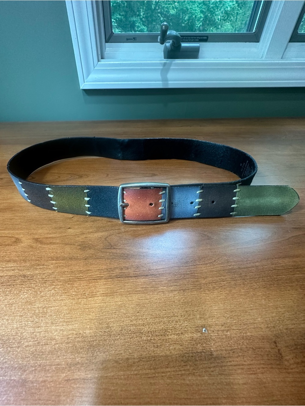 GAP Leather Patchwork Multicolor Belt Silver Square Buckle Size 36 Boho Sz 36